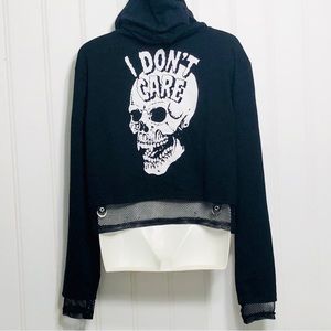 Punk Goth Skull I Don't Care Cropped Black Hoodie